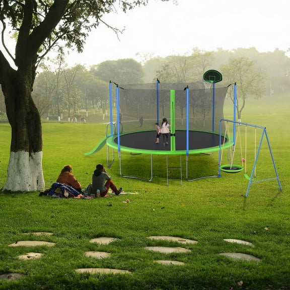 14FT Trampoline with Slide and Swings, Outdoor Trampoline with Basketball Hoop and Ladder
