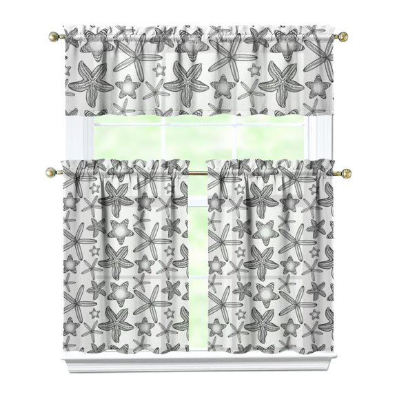 Kitchen Curtains 36 Inch Short - 3 Panel Set, Nautical Starfish Beach Seashell Mermaid Theme, Rod Pocket Window Curtain for Tropical Farmhouse, Easy Wash