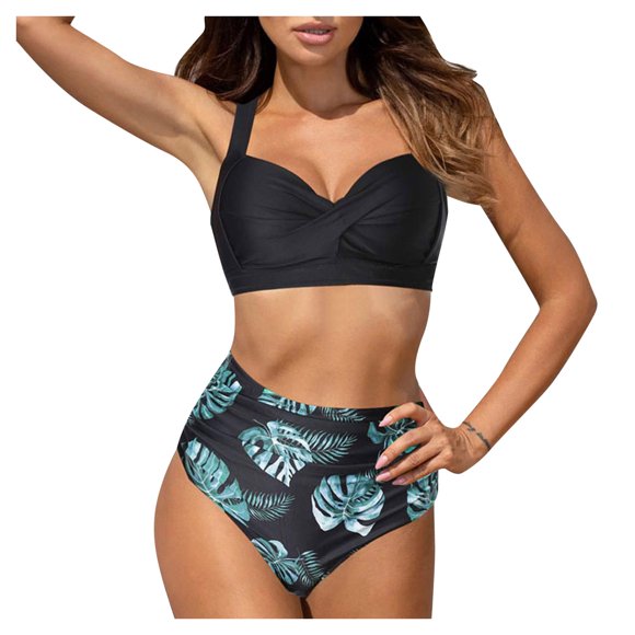 Betiyuaoe Bikini Sets Swimsuit for Women Vintage Two Piece Retro Halter Ruched High Waist Print Set Bathing Suit