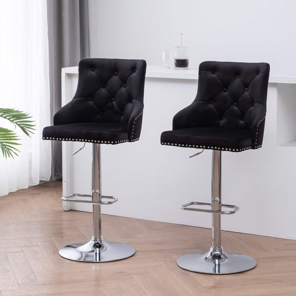 BTExpert Upholstered Dining Adjustable Seat, High Back Stool Bar Chair Black Tufted Set of 2
