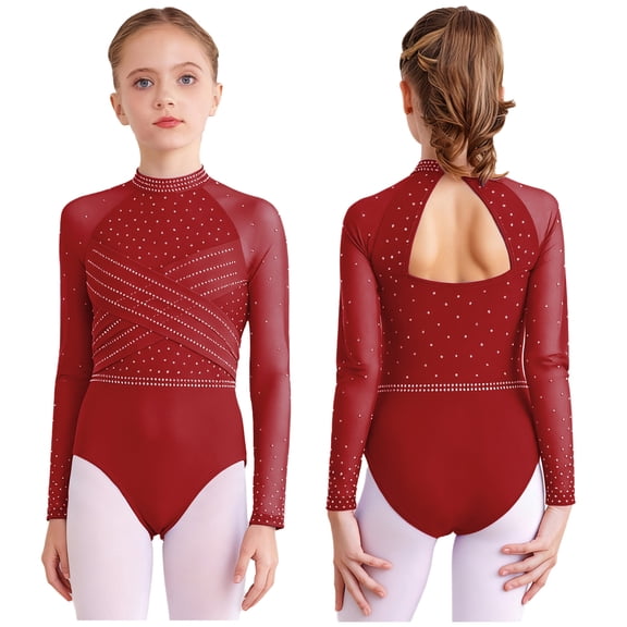 iiniim Girls Shiny Rhinestone Dance Mesh Bodysuit Biketards Gymnastics Leotards Burgundy 12