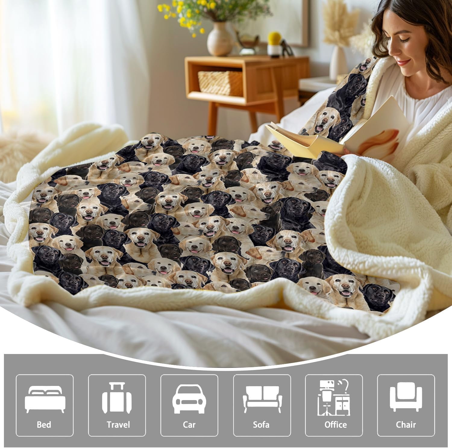 Labrador Throw Blanket Golden Retriever Fleece Blanket for Kids Adults Cute Puppy Sherpa Blanket Black Yellow Animal Print Lightweight Thick Plush Blankets Women (50"x60")