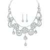 PalmBeach Jewelry Round Crystal and Simulated Pearl Floral Scalloped Bib Necklace and Drop Earrings in Silvertone 14"-18"