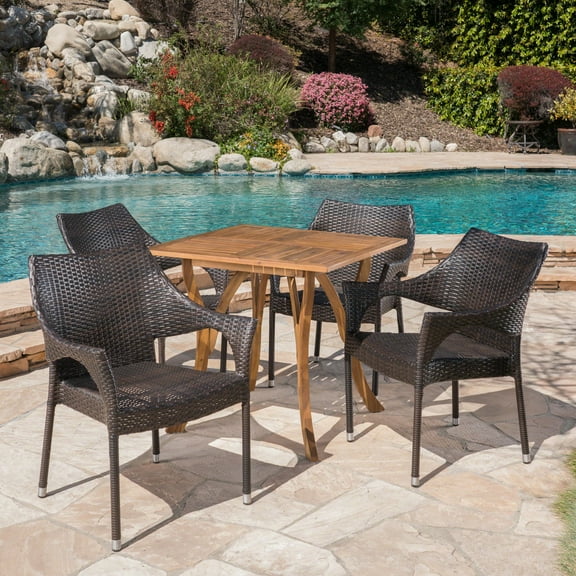 Outdoor 5 Piece Acacia Wood/ Wicker Dining Set, Teak,Multibrown