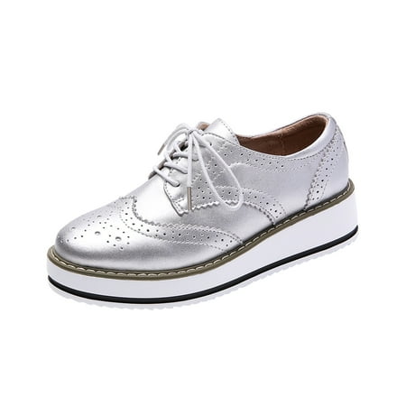 Sexlip Women s Plus Size Sneakers Platform Oxfords Lace Up Brogue Shoes Leather Comfortable Breathable Wedge Heel Oxford Shoes Silver 35