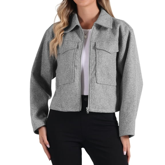 INSPIRE CHIC Zipper Jacket for Women's Lapel Collar Two Pockets Long Sleeve Casual Coat
