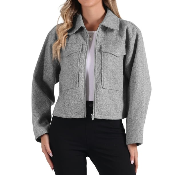 Chaqueta con cremallera para mujer, con cuello de solapa, dos bolsillos, de manga larga, abrigo casual gris XL