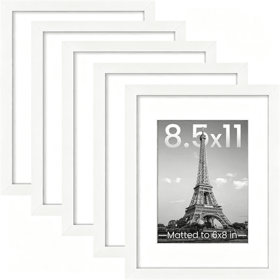 XIBUFE 8.5X11 Picture Frame Set of 5, Display Pictures 6X8 with Mat Or 8.5 by 11 Without, Wall Gallery Photo Frames, White 8.5 by 11 Picture Frame