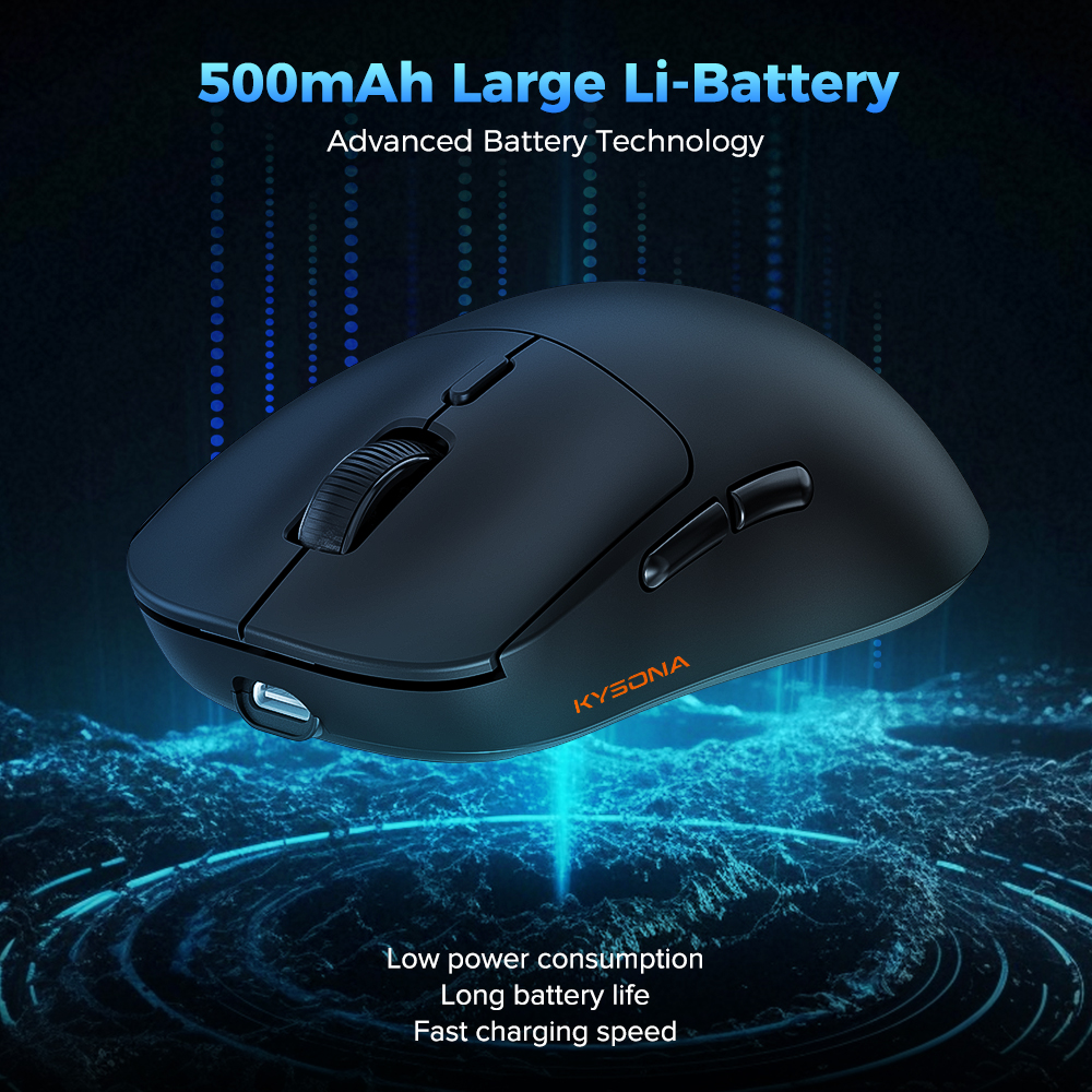 KYSONA Wireless Gaming Mouse Ultralight 55g, 3395 Lag-Free Sensor, 26K DPI, 80Hrs Long Battery Life, 6 Programmable Button for PC, 3 Modes (2.4G/Wired/BT), Win with M600v2, Black