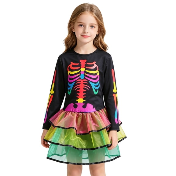 MEZZALL Girls Halloween Skeleton Bodysuit Dress Kids Party Fancy Tutu Dress Vacation Dresses