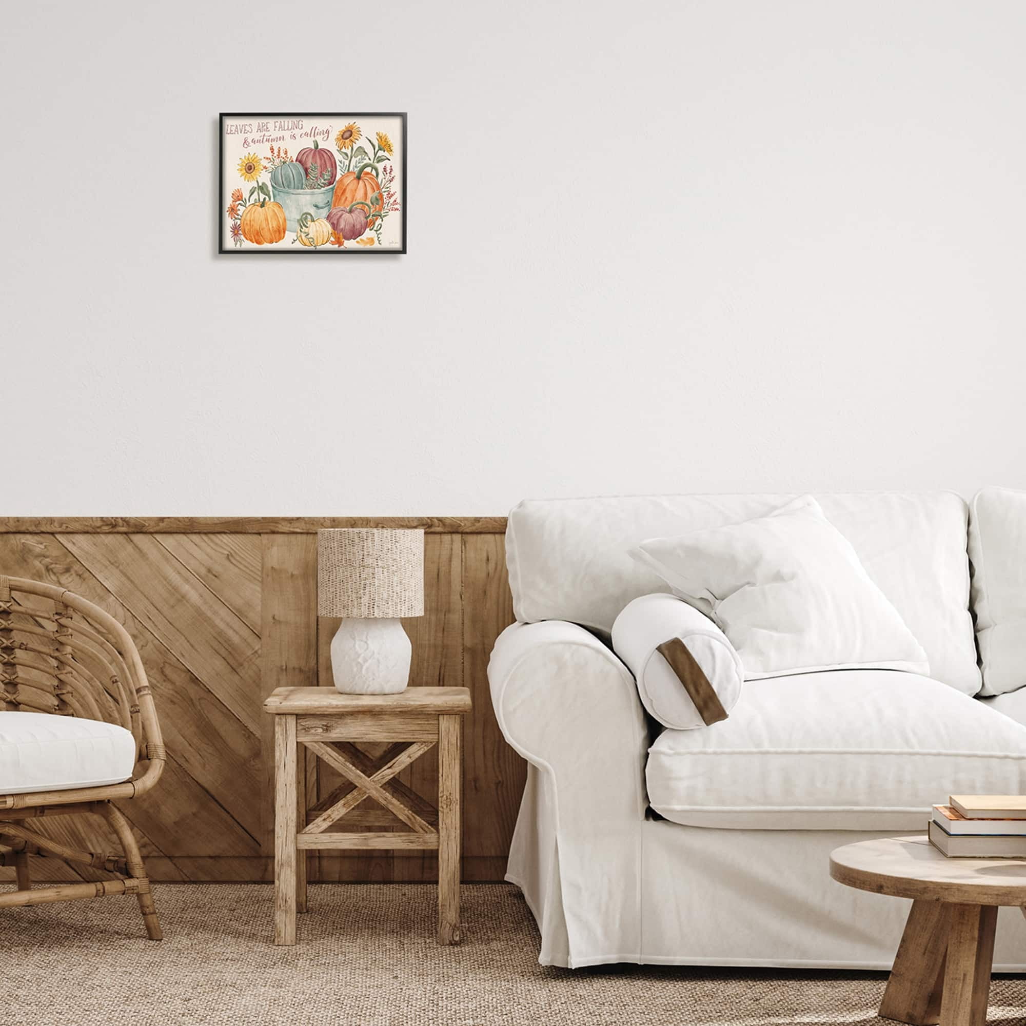 Autumn Is Calling Phrase Various Pumpkins Sunflowers Botanical & Floral Painting Framed Art Print Wall Art