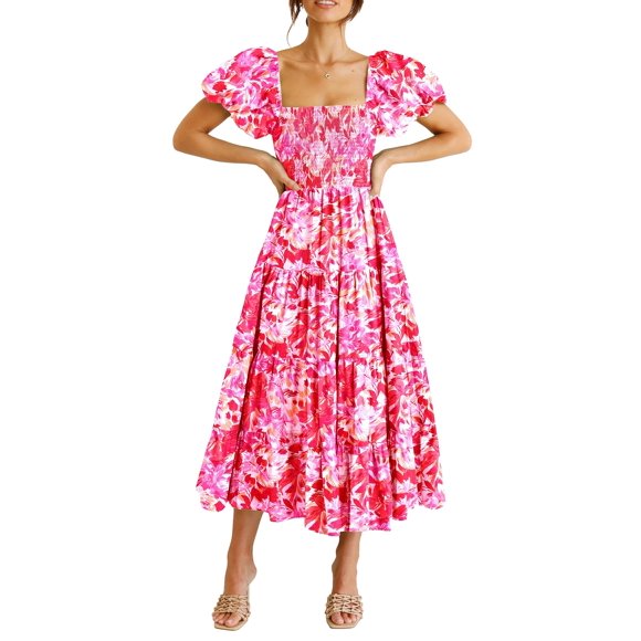 Vestido PRETTYGARDEN Midi Ajustado con Estampado Floral de Rosas en Rojo, Talla M