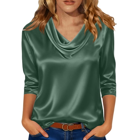 Dressy Tops for Women 3/4 Sleeve Silk Satin Blouses Business Work T Shirts Loose Fit Solid Color Cowl Neck Spring Summer Outfits 2026 Army Green S
