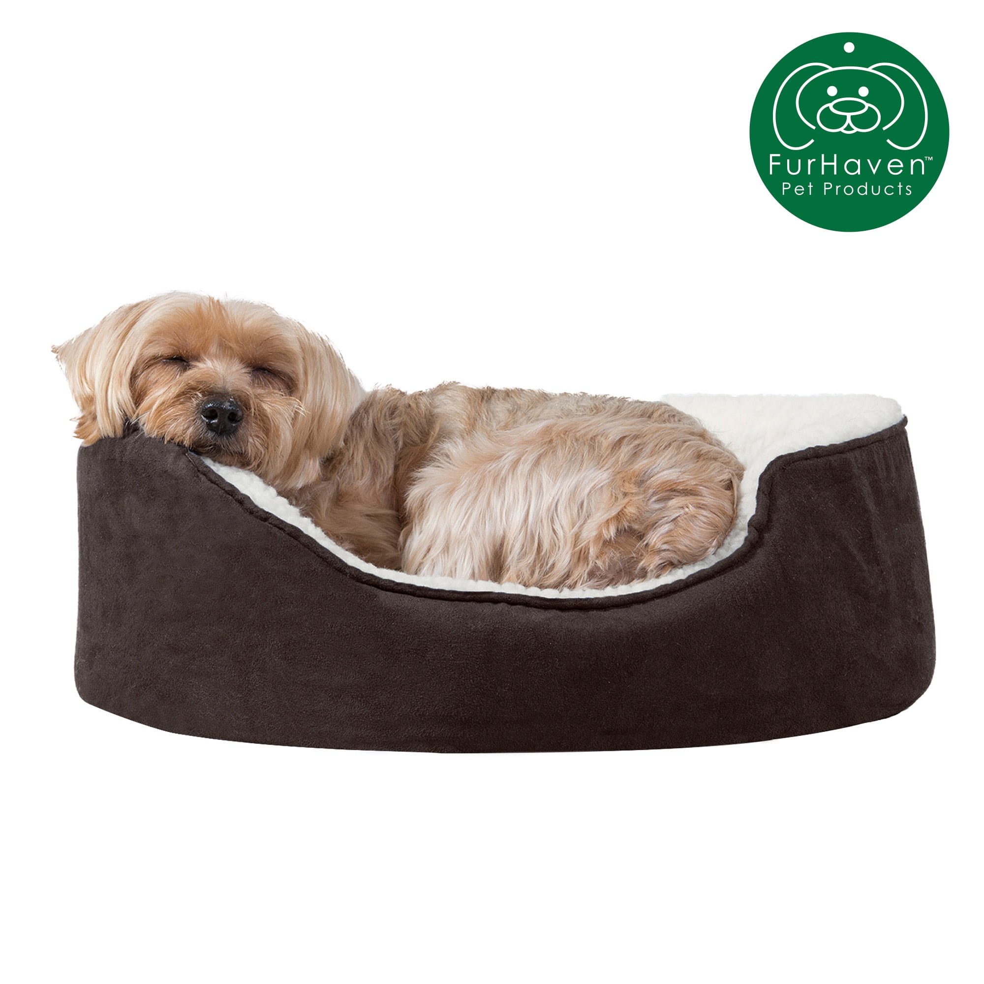 FurHaven | Orthopedic Faux Sheepskin & Suede Oval Pet Bed for Dogs & Cats, Espresso, Small