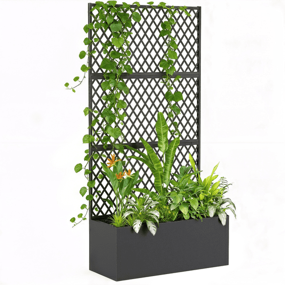 Metal Planter Box with Trellis, Raised Garden Bed, Diamond Lattice Privacy Screen for Climbing Plants - 35.4"W x 70.9"H Black