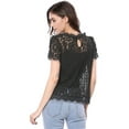 thumbnail image 6 of MODA NOVA Junior's Scalloped Trim Short Shirred Sleeves Sheer Floral Lace Blouse Black M, 6 of 6
