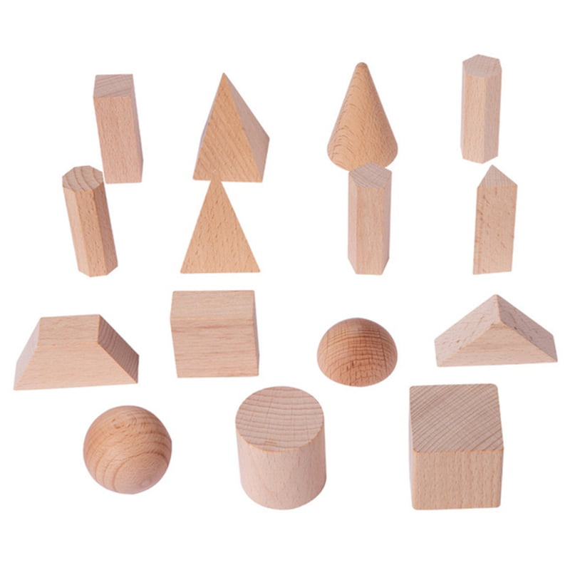 14Pcs/Set 3D Shapes Geometric Solids Wooden Math Games Toys 