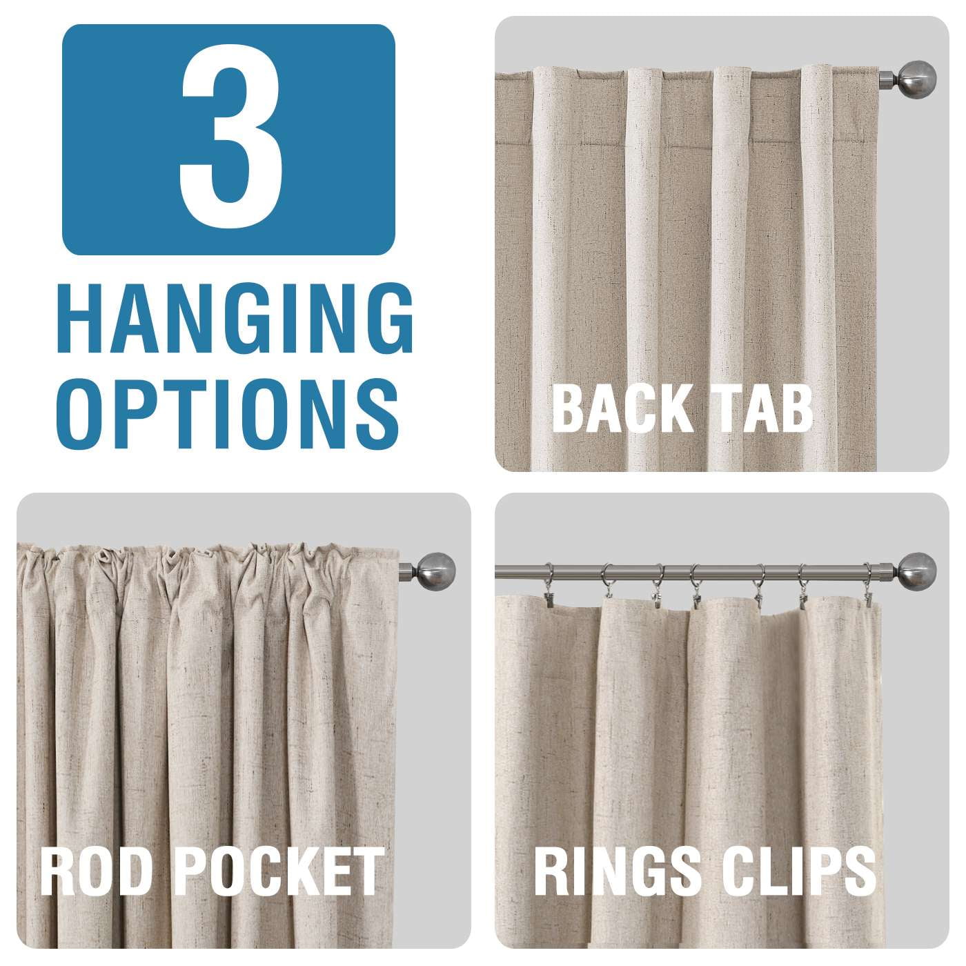 H.VERSAILTEX Contemporary Faux Linen 100% Blackout Back Tab/Rod Pocket/Hook Belt Thermal Insulated Curtain Sets for Bedroom, 2 Panels, 52"x 84", Natural