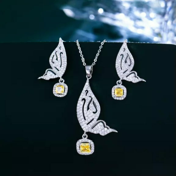 Silver Plated Yellow CZ Earrings Necklace Set Butterfly Square Dangle Jewelry