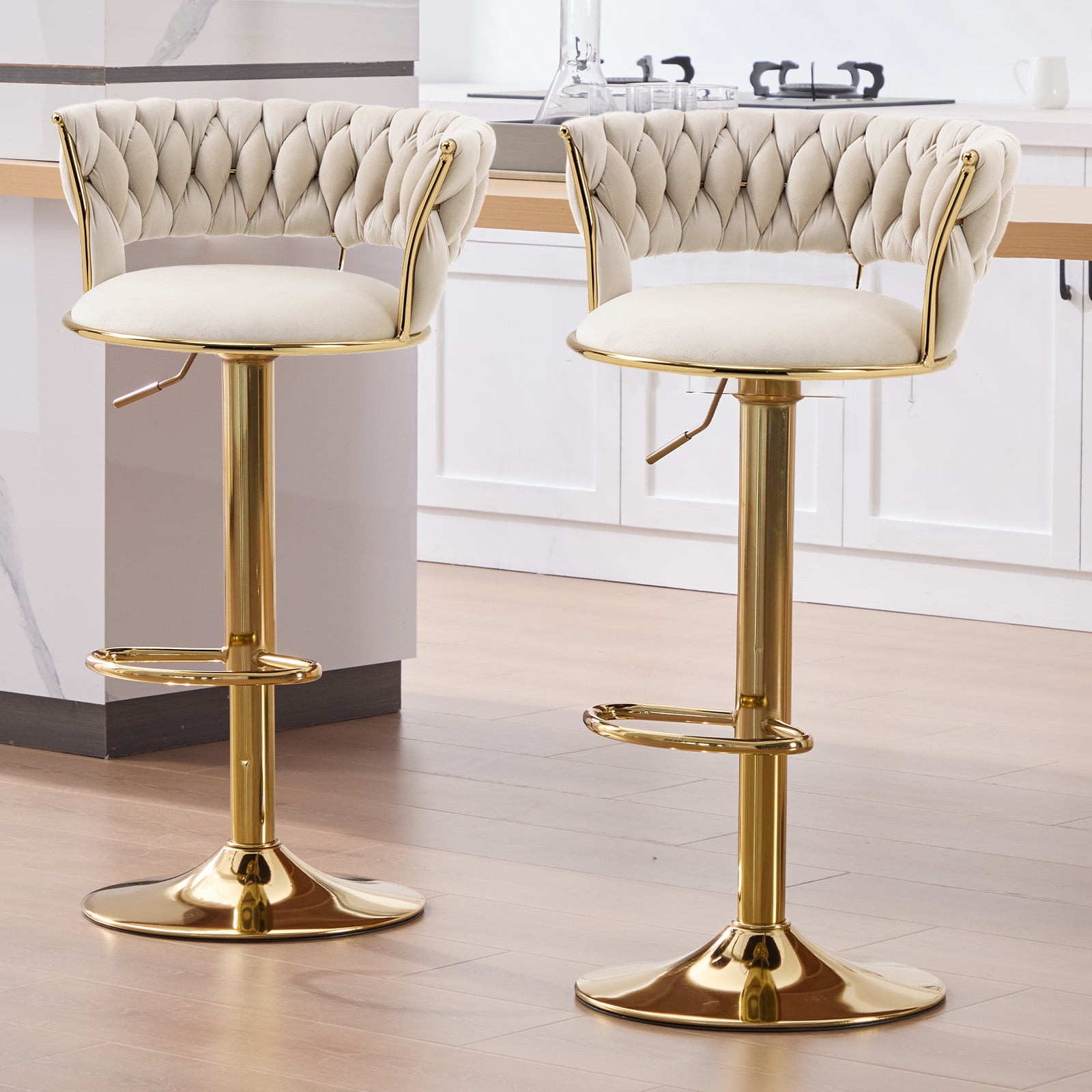 Homefun Velvet Woven Bar Stools Set of 2, Modern Height Adjustable Swivel Barstools Counter Chairs with Back & Gold Metal Base for Pub, Kitchen, Cafe (Beige)