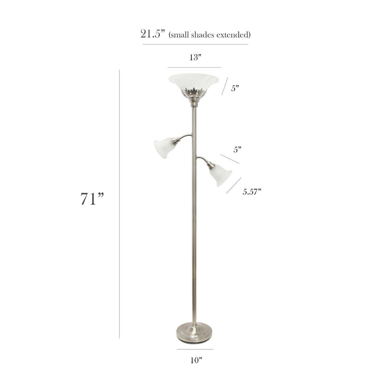 Lampe de sol élégante 3 lumières avec abat-jour en verre festonné, nickel brossé