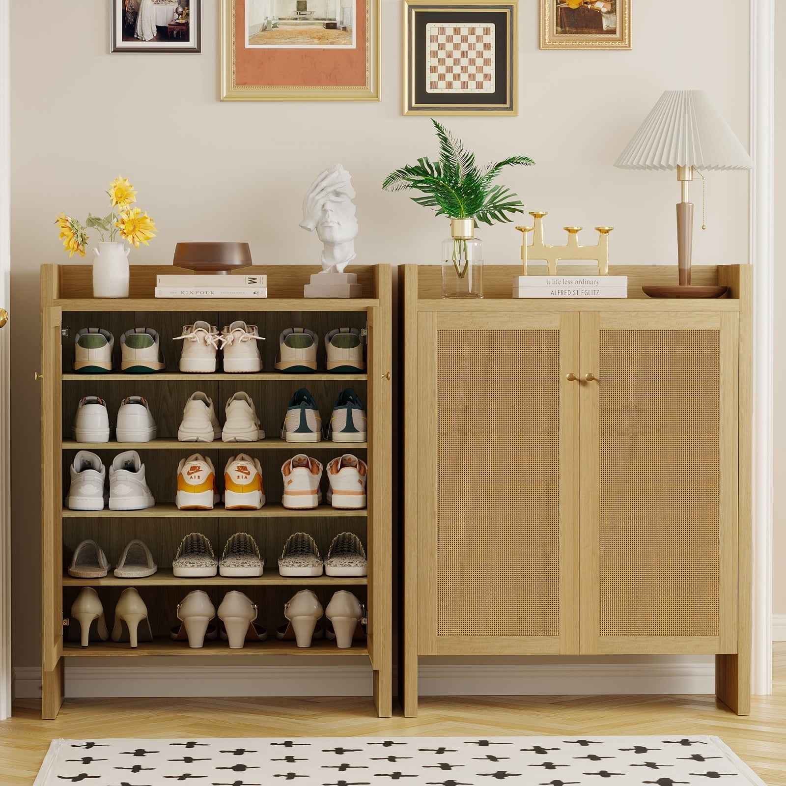 42.5" Tall Rattan Shoe Cabinet with Doors, 6-Tier Wooden Shoe Storage Organizer with Adjustable Shelves for Entryway Hallway, Natural