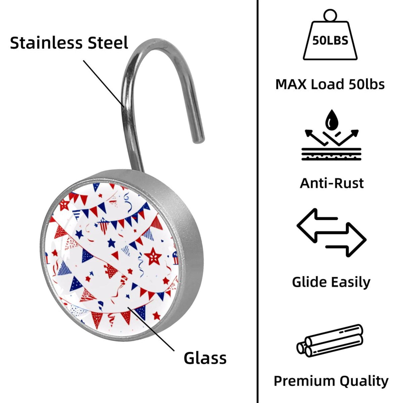 12pcs Decorative Shower Curtain Hooks, Rust Resistant Shower Rings for Bathroom Living Room,Rustproof Stainless Steel Rings for Shower Curtain and Liner Rods,4th of July Flags