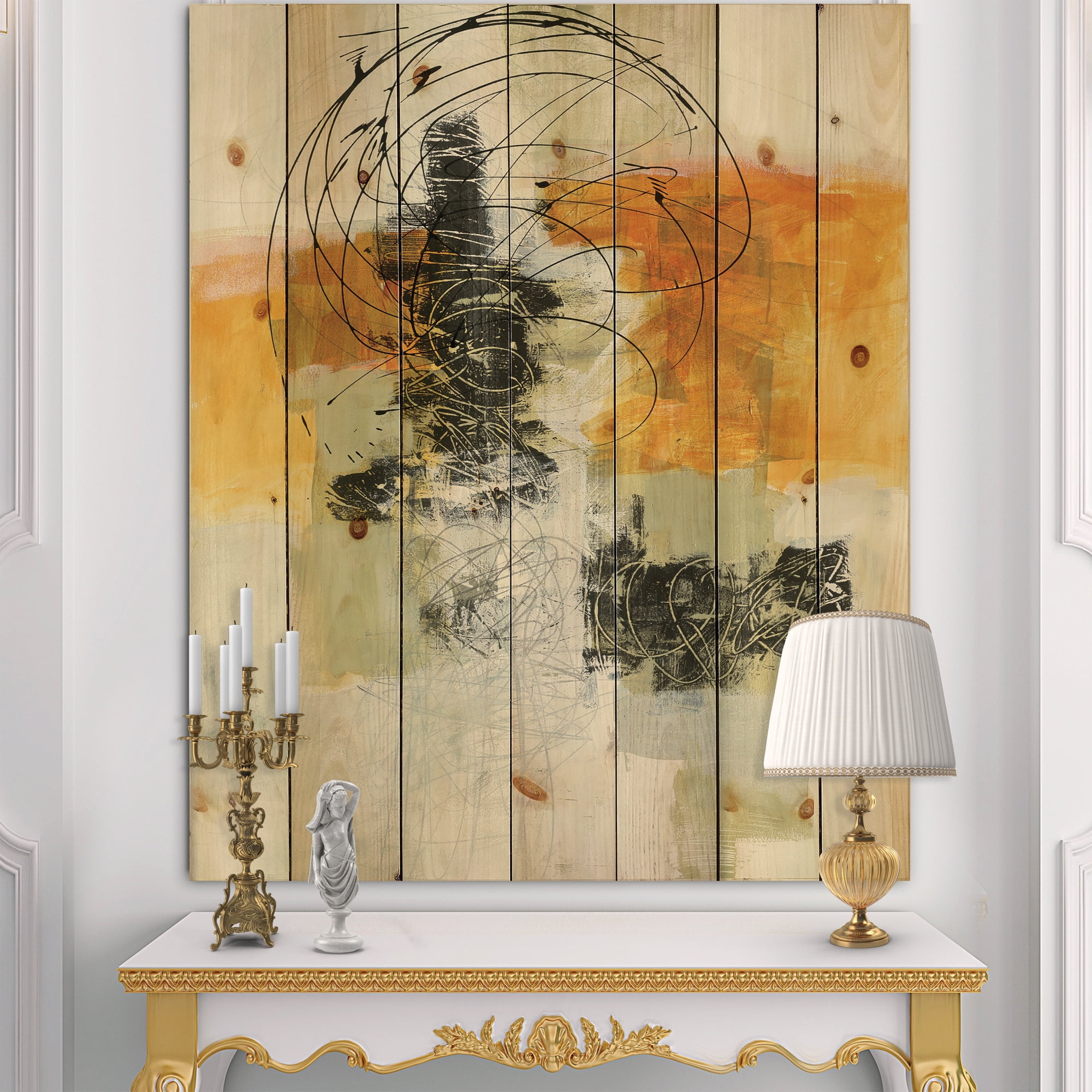 Designart 'Abstract Composition of Glamorous Black and Yellow I' Contemporary Print on Natural Pine Wood