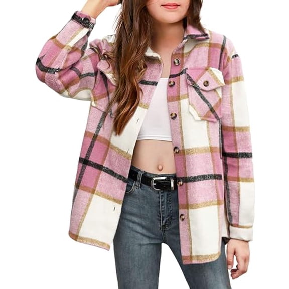 Arshiner Girls Flannel Plaid Jackets Button Down Long Sleeve Shirts - PINK