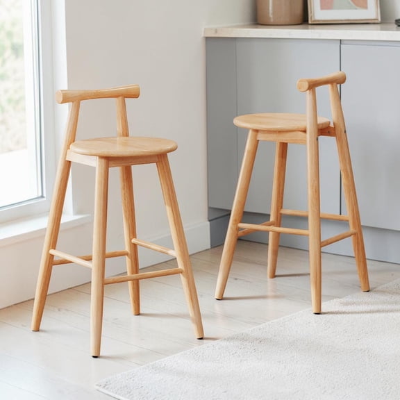 GZXS Farmhouse Indoor Wooden Barstools Set of 2, 29" Bar Height Counter Stools with Round Seat and Cross-Bar Footrest, Easy Maintain & Assembly, Natural