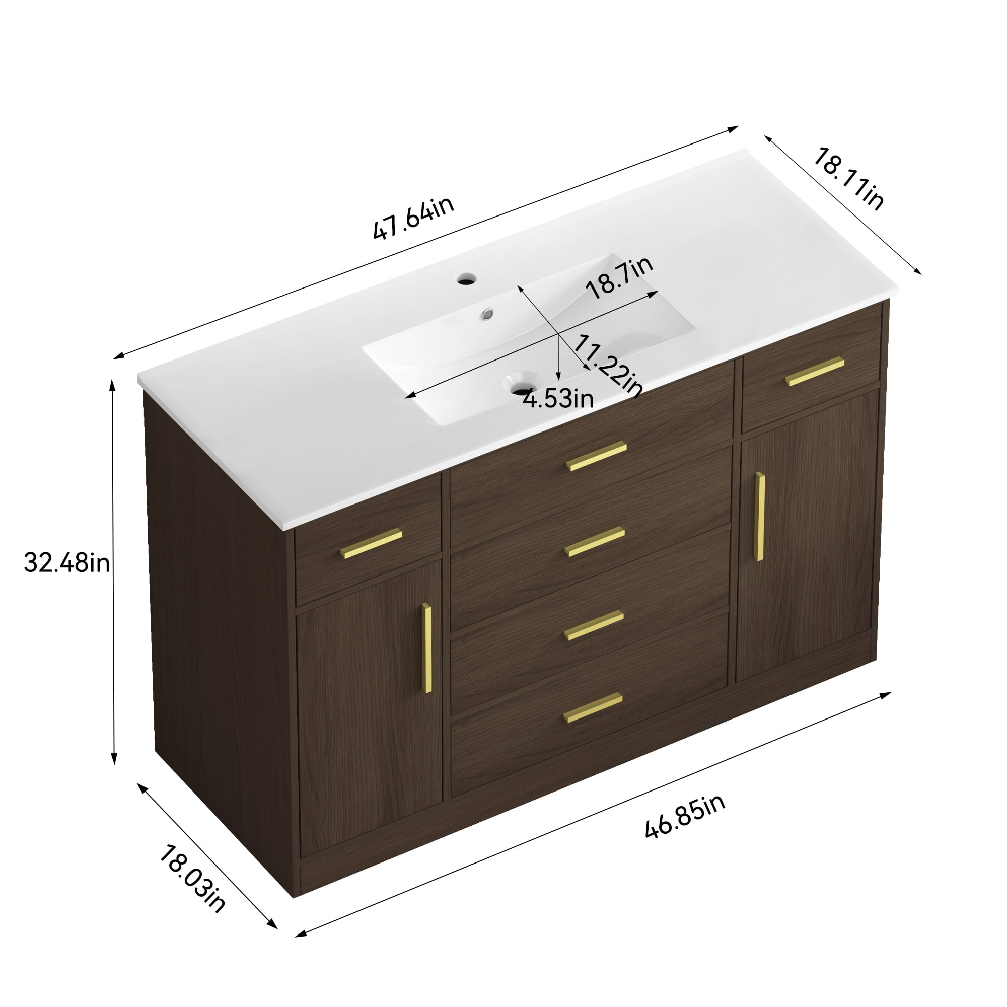 48 Inch Bathroom Vanity with Sink, 7 Drawers, 2 Soft Close Doors, Wood Cabinet, Dark Brown