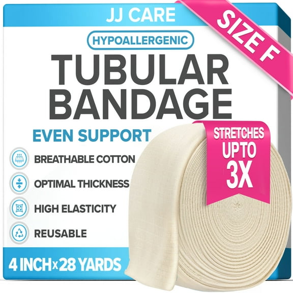 JJ CARE Tubular Bandage, 4” x 28 Yards Stockinette Tubing for Legs and Knees, Size F Reusable Elastic Bandage Sleeve, Tubular Compression Bandage Roll for Knees and Thigh, Rubber Latex w/Cotton