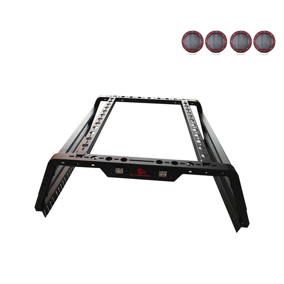 Black Horse Overland Bed Rack Incl. Set of 5.3" Dia.LED Lights w/Red Trim Rings Black Compatible with Full Size and Small Trucks, Dodge Ram,Gladiator, Titan, GMC, Chevrolet, Ford, Frontier-TR01B