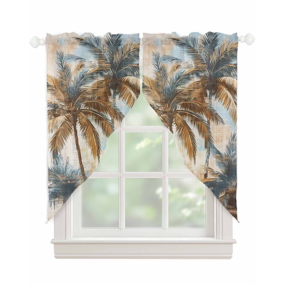 Navy Blue Brown Palm Tree Swag Valances for Windows, Tropical Leaves Vintage Rod Pocket Sheer Valances for Large Windows, Swag Toppers Light Filtering for Kitchen Living Room 2 Panels 36''x63''