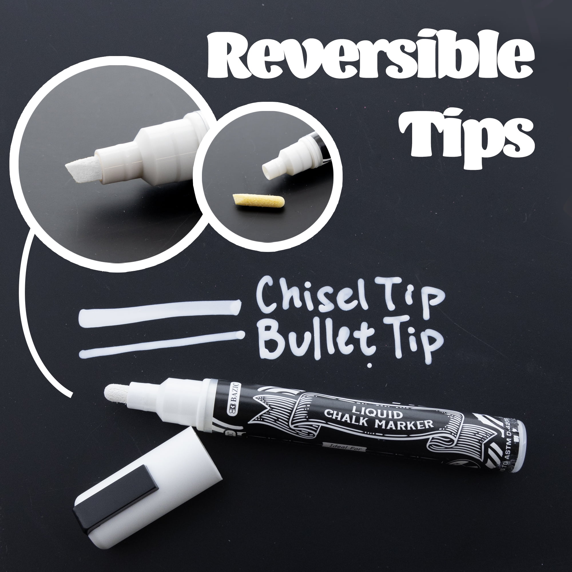 BAZIC Liquid Chalk Markers, White Color, Erasable Chalkboard Markers, Reversible Tip for Chalkboards Blackboard Signs Windows Glass, 288-Pack