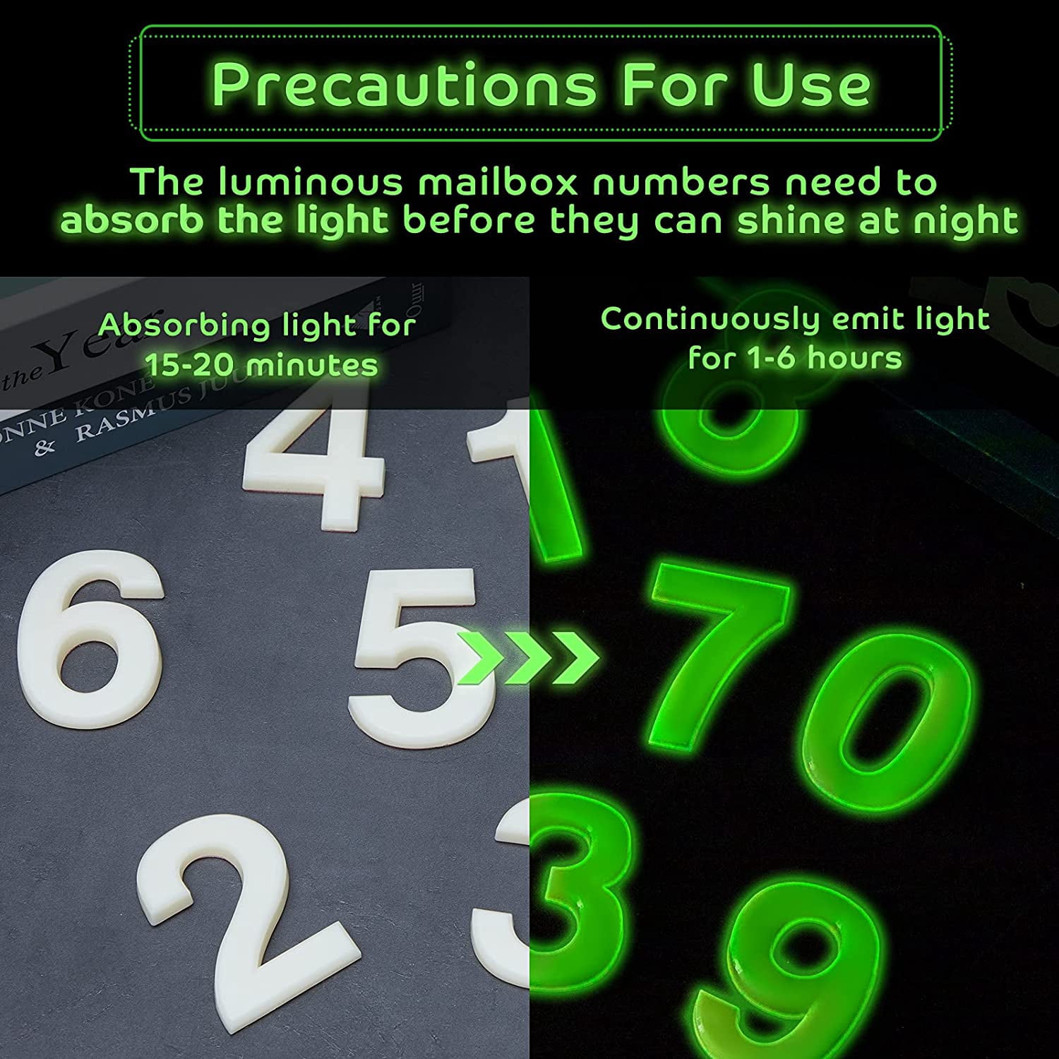 20 Pieces House Numbers Mailbox Numbers 0-9, 3D Door Address Numbers Self Adhesive Mailbox Numbers Sticker or House, Apartment, Office, Hotel Room, Mailbox Signs (Glowing Color,2.76 Inch)