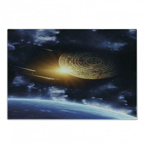 Galaxy Cutting Board, Maya Calendar with Outer Space Background with Earth Astral Meteor View, Decorative Tempered Glass Cutting and Serving Board, Small Size, Blue Yellow, by Ambesonne