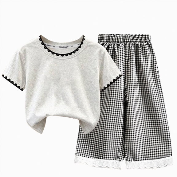 Caqnni 9-10 Years Teen Girls Comfortable And Breathable Set Short Sleeved Shirt Checkered Pants Two Piece Set Yoga Gym Outfit Running Tracksuit A12-Black