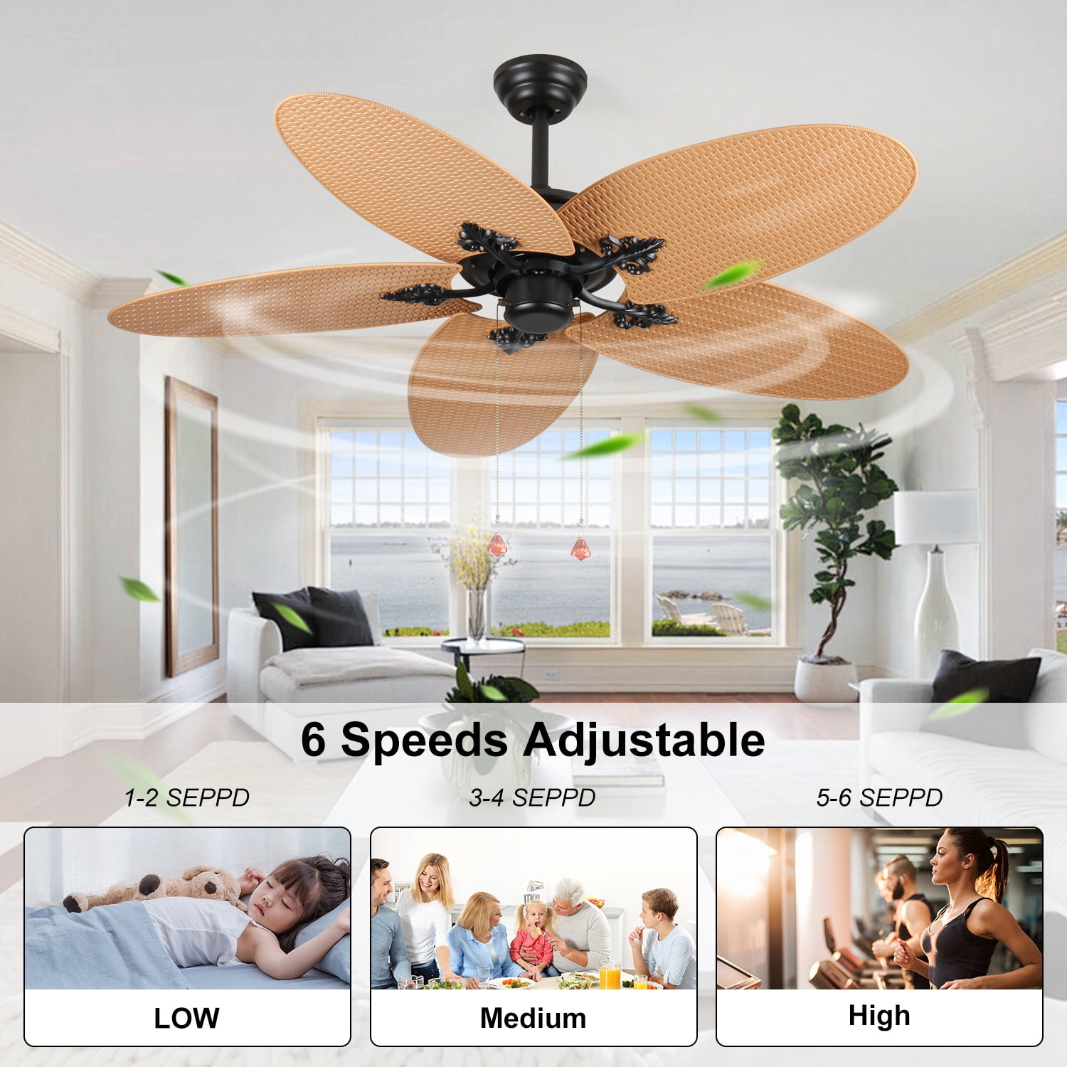 52 Inch Tropical Ceiling Fan with 5 Palm Leaf Blades, Indoor Outdoor No Light Fan, Pull Chain Control, Dual Mounting Options, Ideal for Patios and Bedrooms