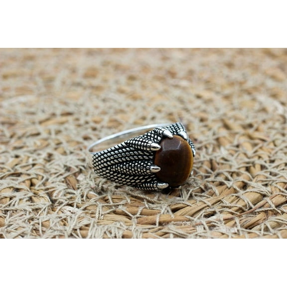 Tiger Eye Ring, Men's Handmade Ring, Turkish Handmade Ring, Claw Ring, Ottoman Ring, Men's Jewelry, Gift for Him, 925k Sterling Silver Ring