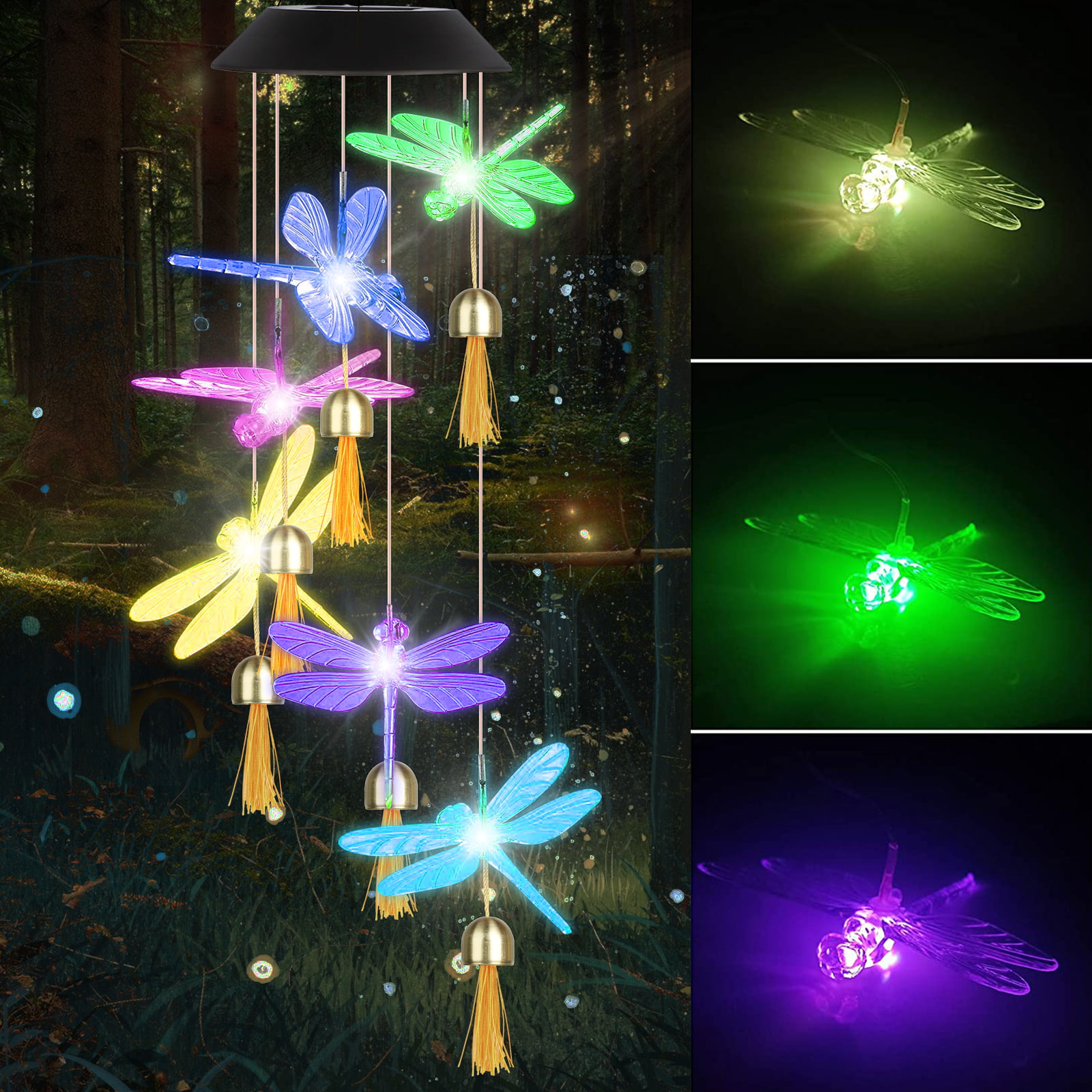 Dragonfly LED Color Changing Power Solar Wind Chimes Yard Home Garden Decor Lamp 