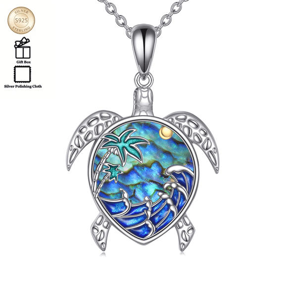 Sea Turtle Necklace S925 Sterling Silver Turtle Pendant Necklace with Palm Tree Ocean Hawaii Jewelry Gift for Women Men