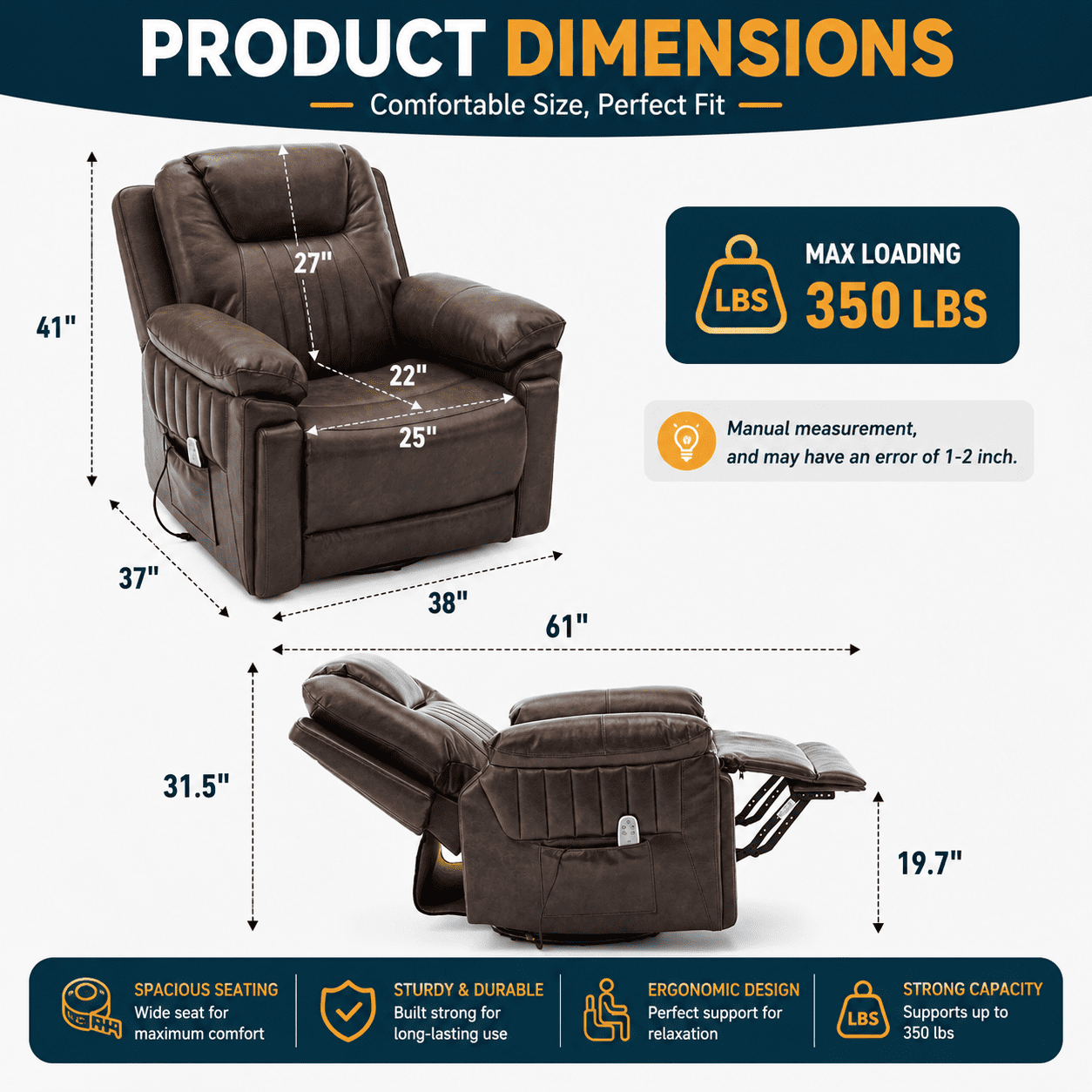 Pmango Electric Automatic Rocking Recliner Chair for Adults with 3 Speeds, Wired Remote Control, Power Auto Rocking Recliner, 5-15 Minutes Rocking Timer Function, for Living Room, Nursery, Brown
