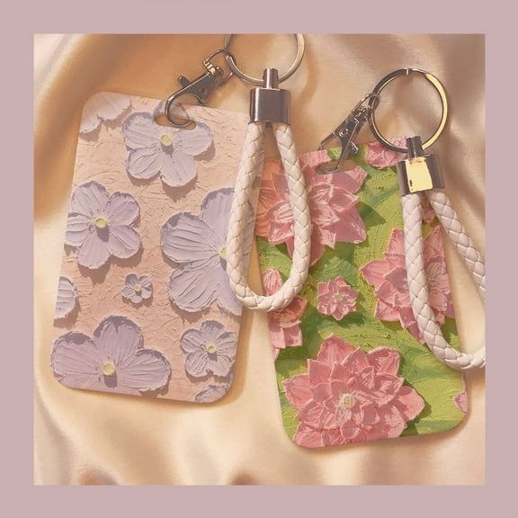 2 Pack Oil Painting Style Sliding Badge Holder, Colorful Flower Photocard Holder with Detachable Hand Strap, Hard Vertical Card Protector for Women Nurse Teacher Student