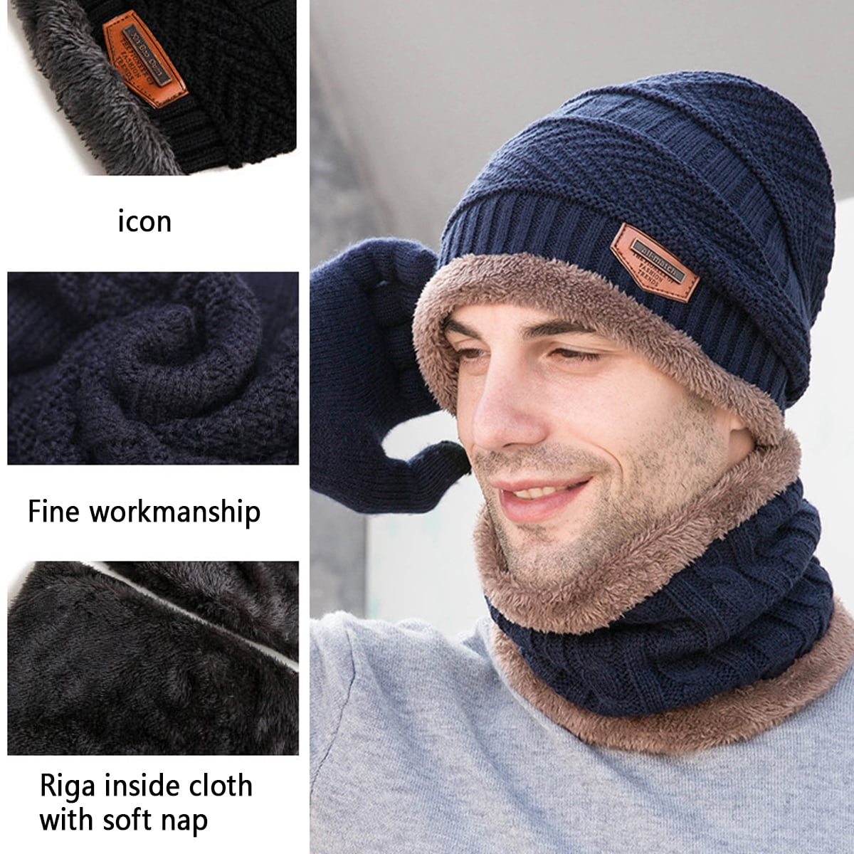 Unisex Men Women Beanie hat Loop Scarf Touchscreen Gloves Sets Slouchy Winter hat Neck Scarf Warm Snow Knitting hat 