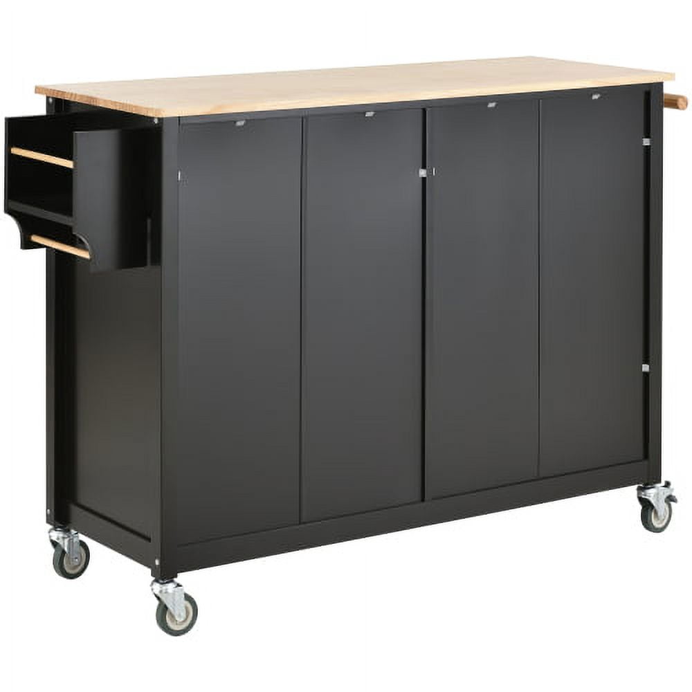 AVAXA 54.3 Inch Width Kitchen Island Cart with Solid Wood Top and Locking Wheels, 4 Door Cabinet and Two Drawers, Spice Rack, Towel Rack, Black