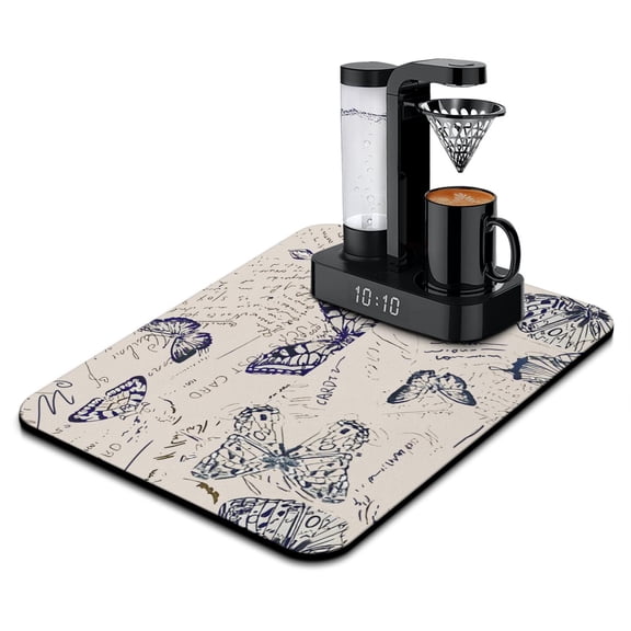 Unique Coffee Bar Mat Butterfly & Fantasy Floral Sketch Quick-Dry Non-Slip Kitchen Mat