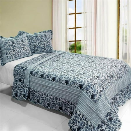Blue Impression - 3 Pieces Cotton Vermicelli-Quilted Printed Quilt Set Full & Queen Size - Multicolor
