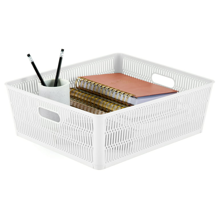 Simplify 4 Pack Slide 2 Stack It Small Plastic Storage Tote Baskets in  White 