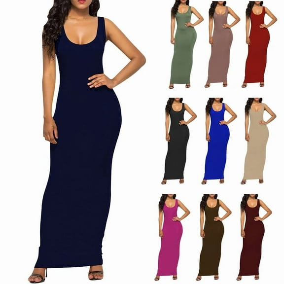 Horkkom Plus Size Dress for Women Summer Sleeveless V Neck Maxi Dress Casual Solid Color Slim Beach Dress